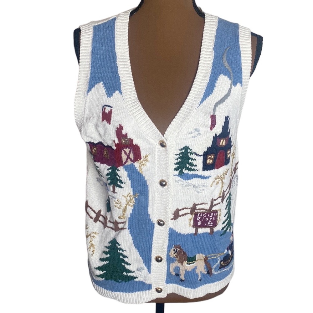Vintage wool winter theme embroidered buttoned sweater vest shimmer accents sz M